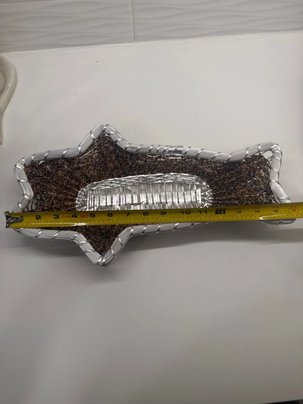 Vintage Hand Beaded Fish-Shaped Basket Tray Silver Wire Coastal Decor